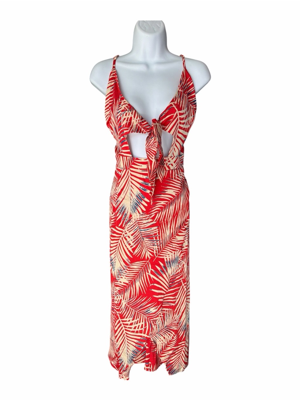 CUPSHE Red Palm Leaf Print Knot V Neck Dress size large - Picture 4 of 7